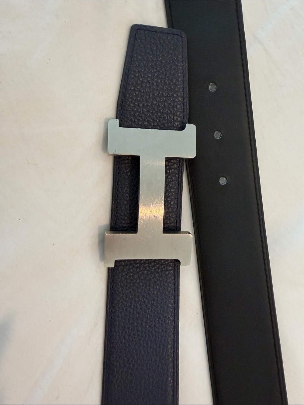 Hermes Reversible Leather Belt with Silver Buckle size 95 Navy and Black